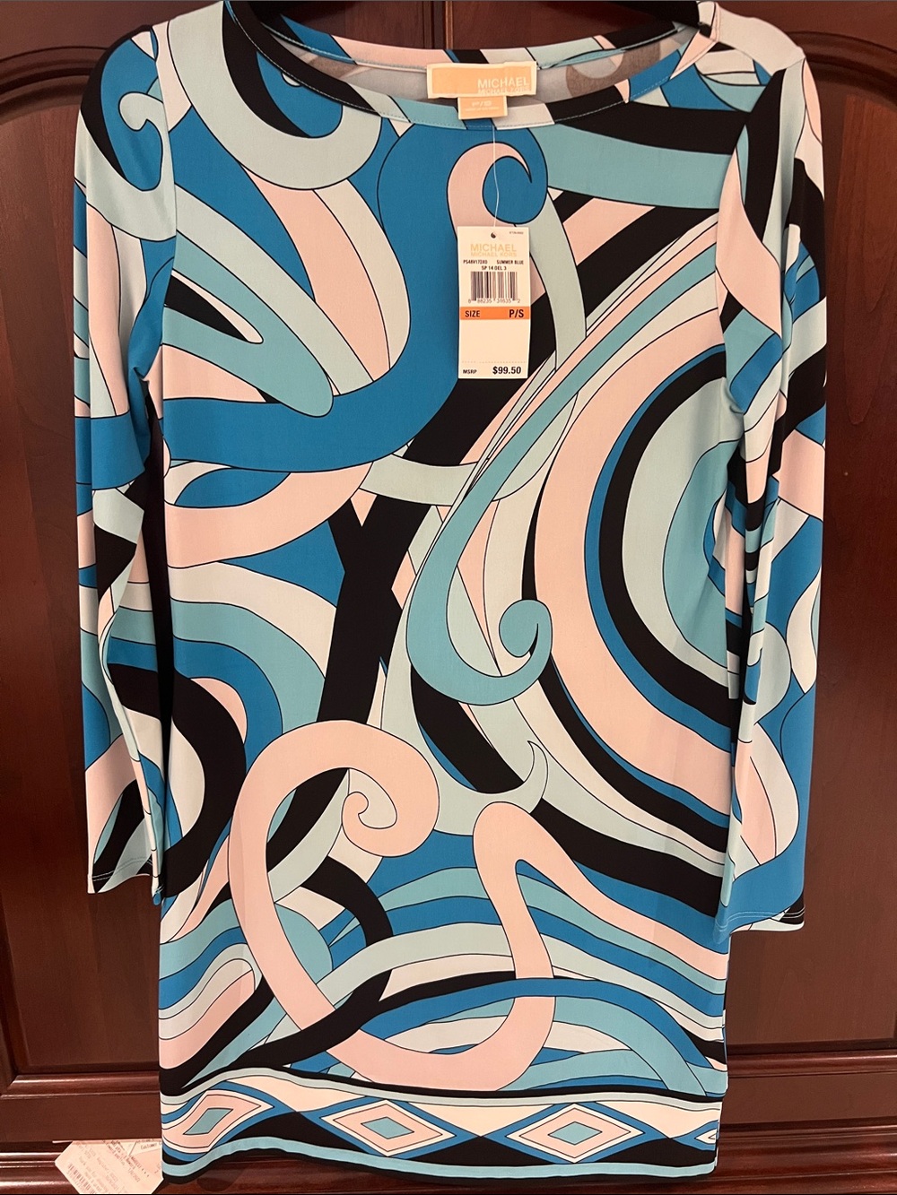 Michael Kors Blue, Light Blue & gray Abstract Shift Dress long sleeve NWT